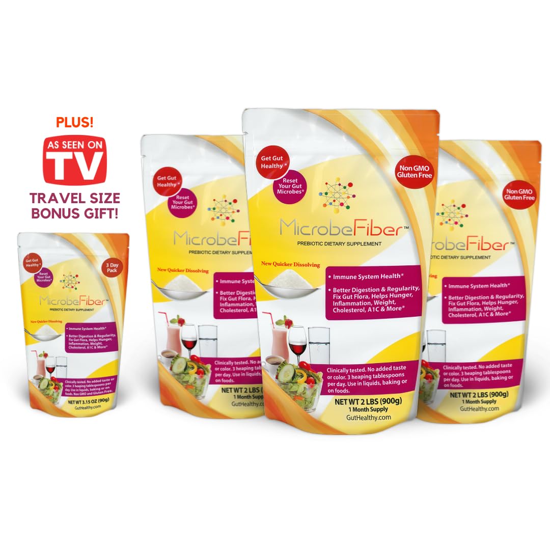 MicrobeFiber Prebiotic Soluble Fiber - Reset Gut Microbes & Get Gut Healthy 3-Month Supply with Bonus Travel Pack
