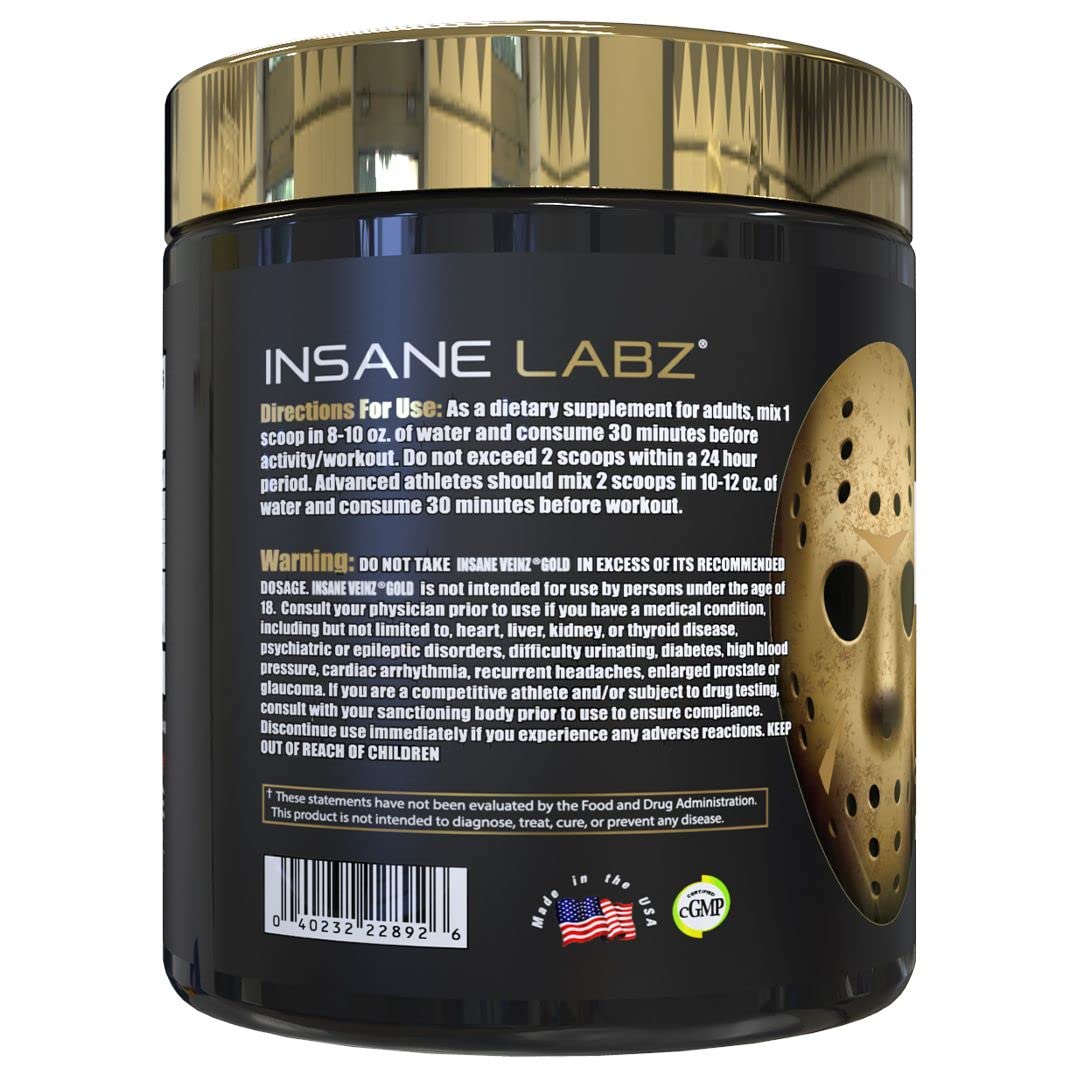 Insane Labz Insane Veinz Gold, Nitric Oxide Non Stimulant pre Workout Powder, Loaded with Hydromax, Nitrosigine, Increases Vascularity and Blood Flow, 30 Srvgs, Grape