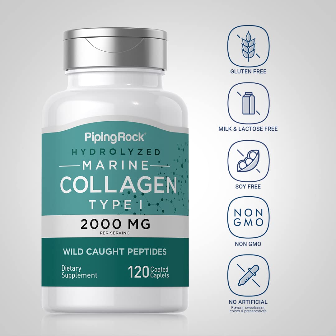 Piping Rock Marine Collagen Peptides | 2000mg | 120 Coated Caplets | Wild Caught Type 1 Hydrolyzed Supplement | Non-GMO, Gluten Free