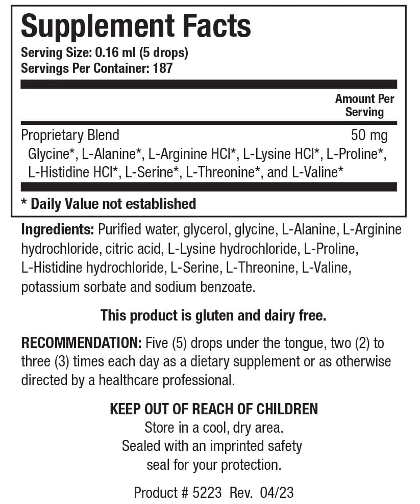 Biotics Research Amino Acid Quick Sorb Liquid Formula, Highly Absorbed, Glycine, L Alanine, L Arginine HCl, L Lysine HCl, L Proline, L Histidine HCl, L Serine, L Threonine, L Valine 2 Fluid Ounces