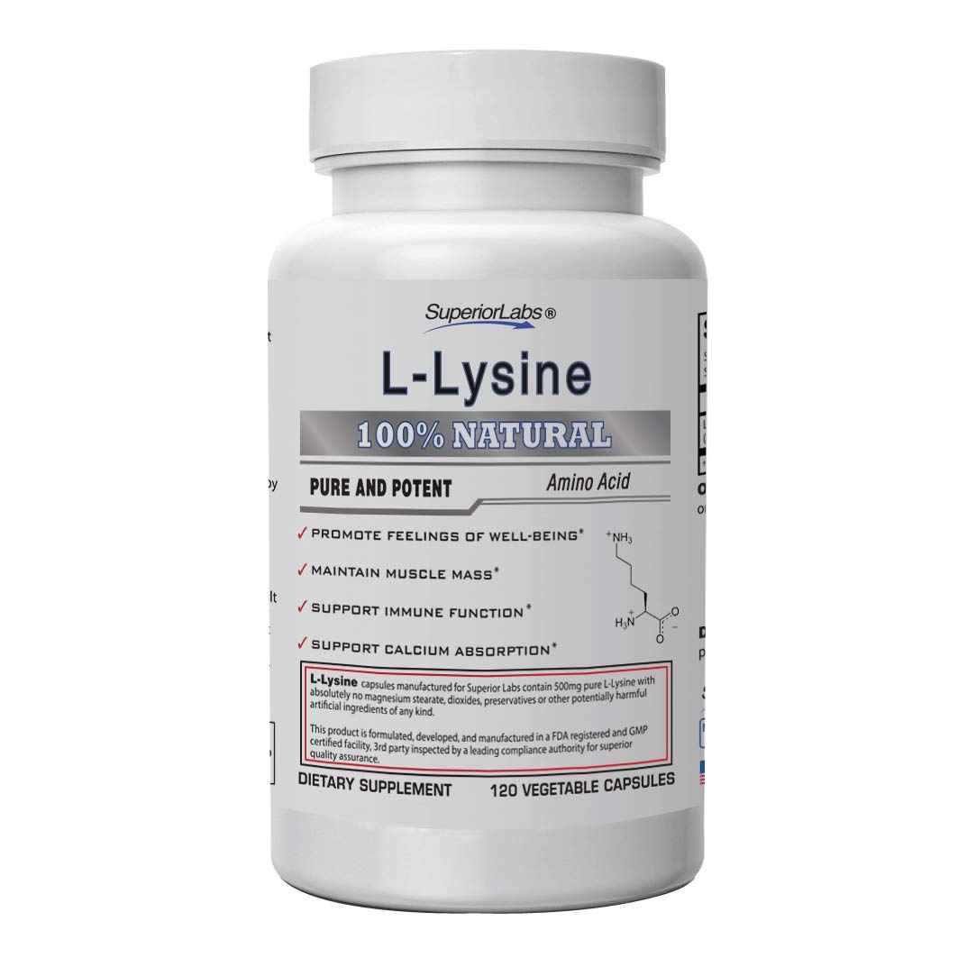 Superior Labs - Best L-Lysine NonGMO - Dietary Supplement -500 mg Pure Active L-Lysine - 120 Vegetable Capsules - Supports Calcium Absorption - Immune System & Respiratory Health Support