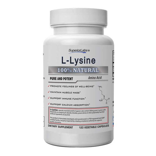 Superior Labs - Best L-Lysine NonGMO - Dietary Supplement -500 mg Pure Active L-Lysine - 120 Vegetable Capsules - Supports Calcium Absorption - Immune System & Respiratory Health Support