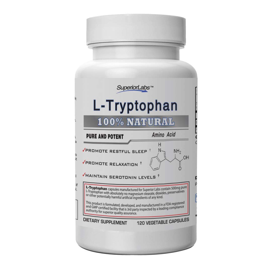 Superior Labs - Pure L-Tryptophan - 500mg, 120 Vegetable Capsules - Non-GMO Dietary Supplement for Restful Sleep & Relaxation - Supports Feelings of Well Being and Healthy Circulation Circulation