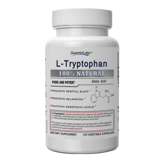 Superior Labs - Pure L-Tryptophan - 500mg, 120 Vegetable Capsules - Non-GMO Dietary Supplement for Restful Sleep & Relaxation - Supports Feelings of Well Being and Healthy Circulation Circulation