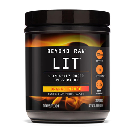 BEYOND RAW LIT PreWorkout Powder Supplement for Men and Women, Energy, Focus, Endurance, Pumps, Nitric Oxide Boost, 250mg Caffeine, Creatine, Beta Alanine, Orange Mango, 30 Servings