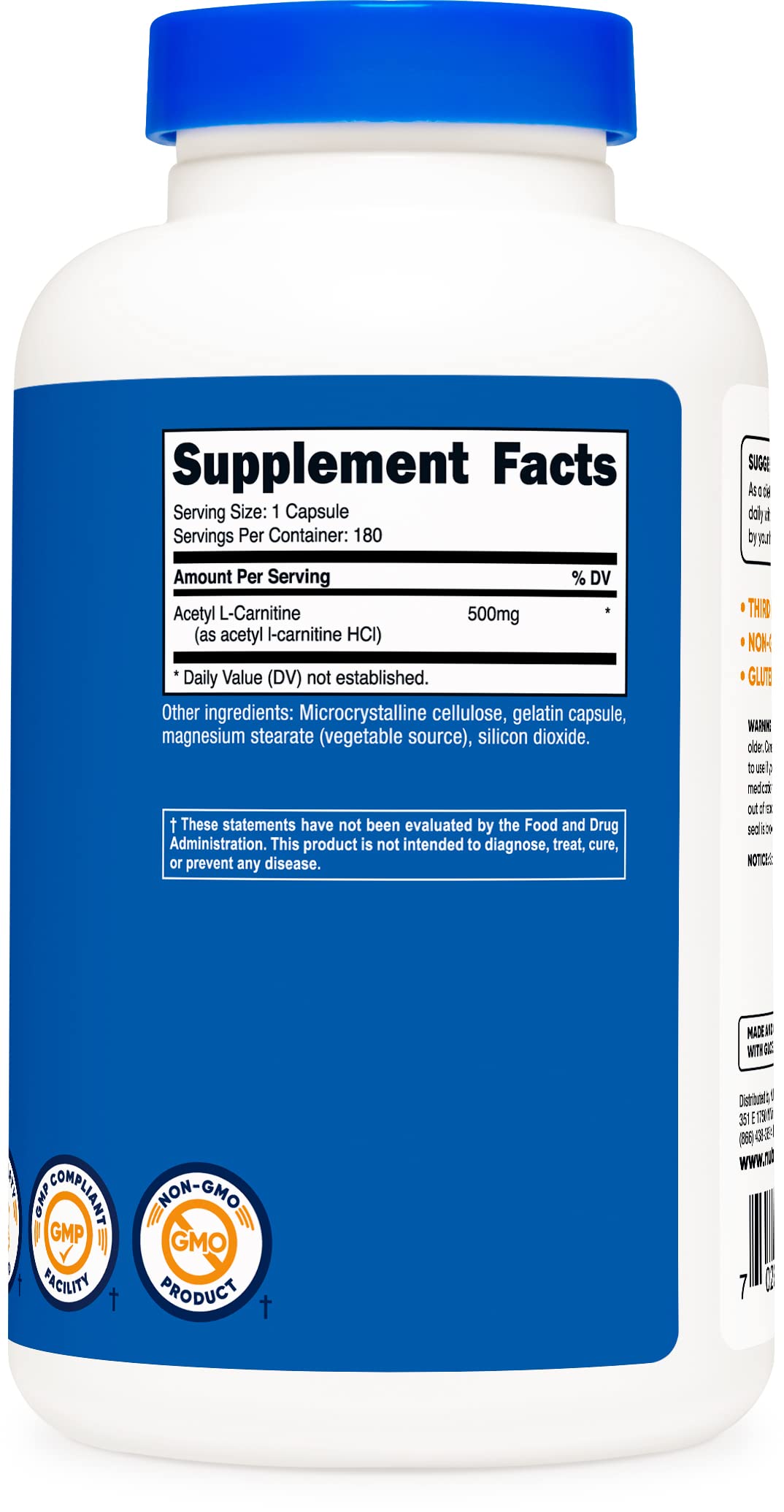 Nutricost Acetyl L-Carnitine 500mg, 180 Capsules - Non-GMO and Gluten Free (3 Bottles)