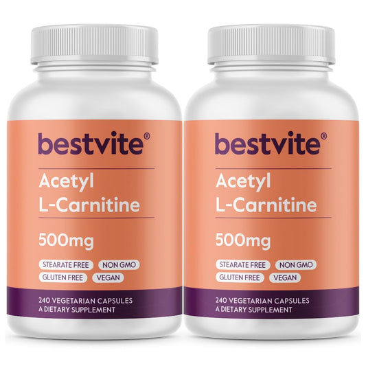 BESTVITE Acetyl L-Carnitine 500mg (480 Vegetarian Capsules) (240 x 2) - No Stearates - Vegan - Non GMO - Gluten Free