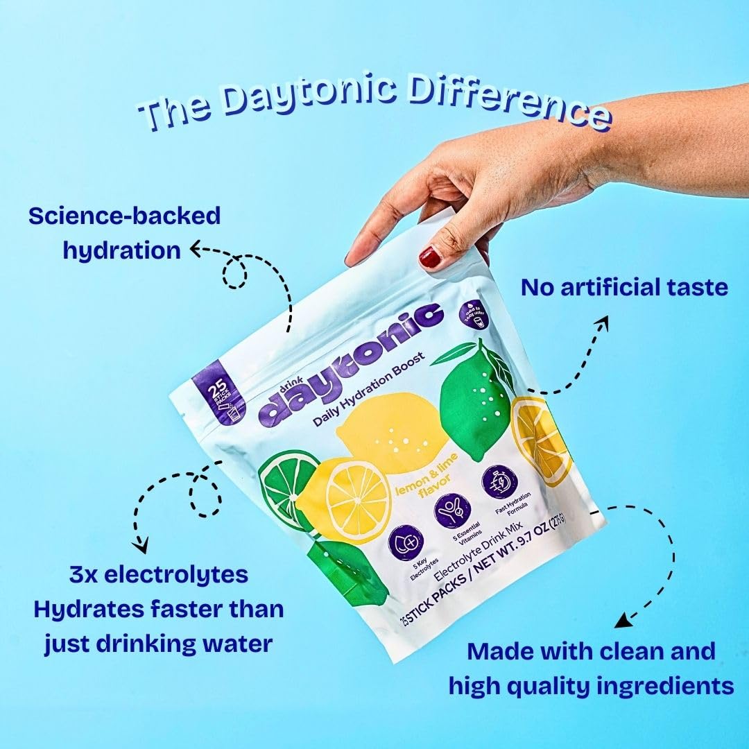 DRINK DAYTONIC Hydration Powder Electrolytes, 25 Servings | Vitamins C, B12 & B6, Niacin, 480mg Sodium & More | Low Calorie & Aspartame-Free Electrolyte Drink Mix | Lemon Lime IV Hydration Packets