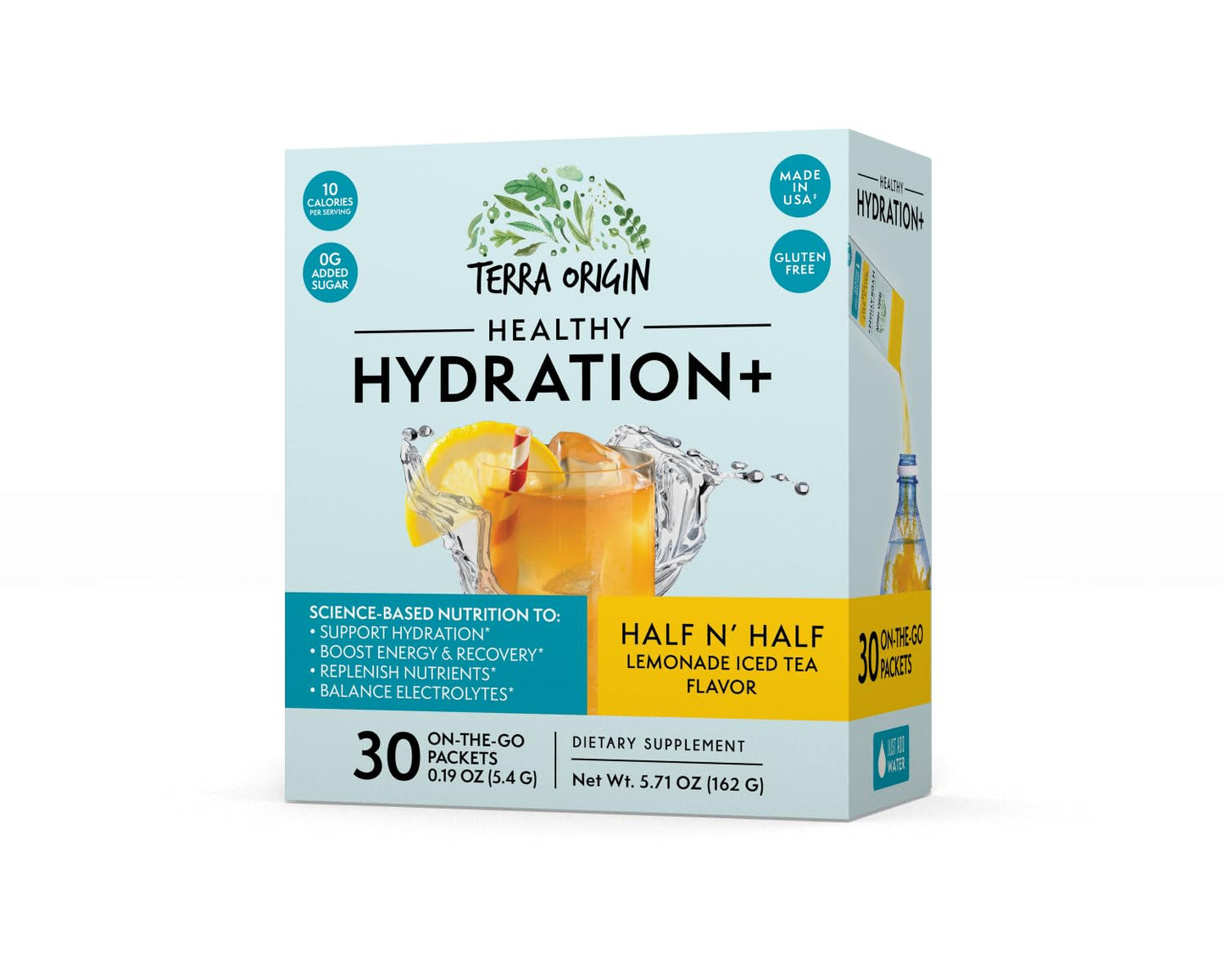 TERRA ORIGIN Healthy Hydration+ Electrolyte Powder Packets | Detox Support Drink Mix | Half N' Half Lemonade Iced Tea | 1 Stickpack per Serving (30 Servings)