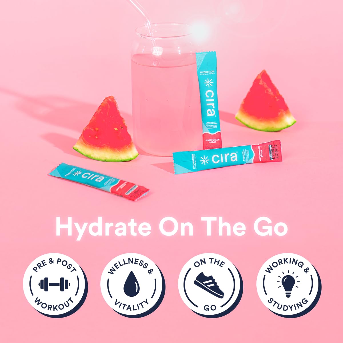 Cira Hydration Stick Packs - Electrolyte Powder & Drink Mix for On-The-Go Dehydration Relief & Recovery - Watermelon Sugar, 20 Servings