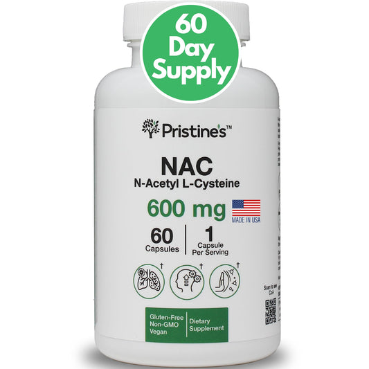 PRISTINE'S N-Acetyl L-Cysteine (NAC) Immunity, Lung, & Liver Support Supplement Capsules - 600MG 60 Day Supply - Potent Antioxidant - Vegan, Gluten Free, Non GMO