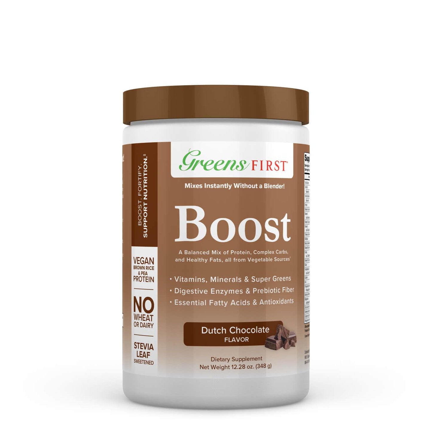 Greens First Boost - Plant-Based Protein & Balanced Nutrition - Superfood Shake Mix - No Wheat or Soy - Dairy-Free - Vegan - Dutch Chocolate, 12.28 oz.