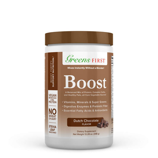 Greens First Boost - Plant-Based Protein & Balanced Nutrition - Superfood Shake Mix - No Wheat or Soy - Dairy-Free - Vegan - Dutch Chocolate, 12.28 oz.