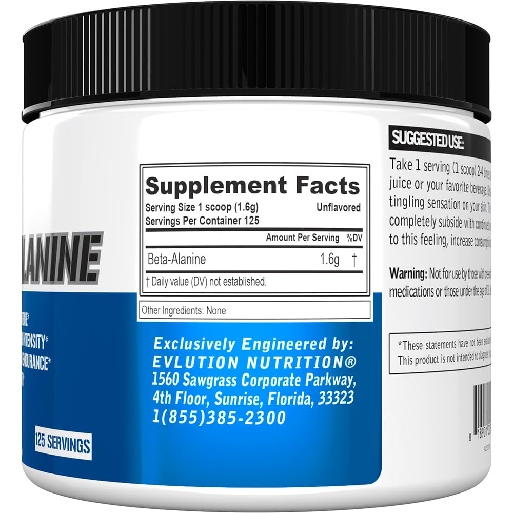 Evlution Nutrition Beta-Alanine - Supports Muscle Endurance, Intense Training & Strength - 1.6g Pure Beta-Alanine Per Serving - Recovery - Dietary Supplement - Unflavored Powder - 125 Servings