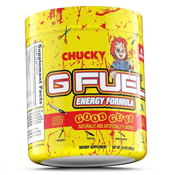 G Fuel Chucky Good Guys Energy Drink Powder, Pre Workout Caffeine Mix for Gaming, Sugar Free Focus Amino, Vitamin + Antioxidants, 9.9oz (Tropical Blood Orange, 40 Servings)