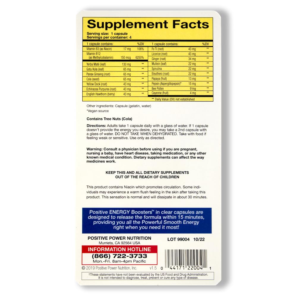 VitaBoost Positive Power Energy Boosters - Natural Energy Supplement with Herbs, B-12, Bee Pollen, Jitter-Free Smooth Energy, Quick & Safe, No Caffeine, Ephedra, or Guarana (4)
