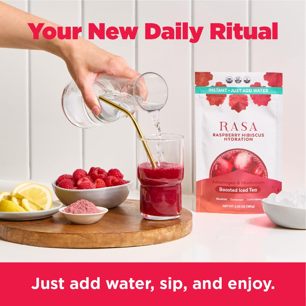 Rasa Raspberry Hibiscus Hydration | Organic Boosted Iced Tea with Adaptogens and Mushrooms | Gluten-Free, Premium Electrolyte Powder Drink Mix, Refreshing Hydration (6 oz / 24 Servings)