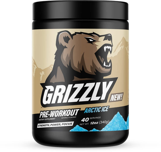 Grizzly Pre Workout Powder for Men & Women - Essential Aminos L-Citrulline & Beta Alanine Plus Caffeine - Preworkout Energy Drink Mix for Intense Power Focus & Pump - Arctic Ice - 40 Servings