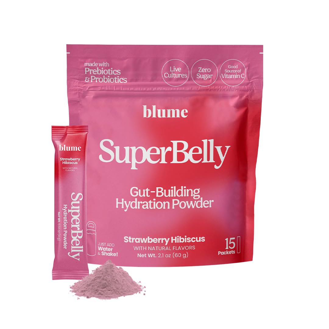 Blume SuperBelly Gut Health and OnTheGo Hydration Packets SugarFree with Prebiotics Probiotics Apple Cider Vinegar Vitamin C and Electrolytes Strawberry Hibiscus 15 Sticks