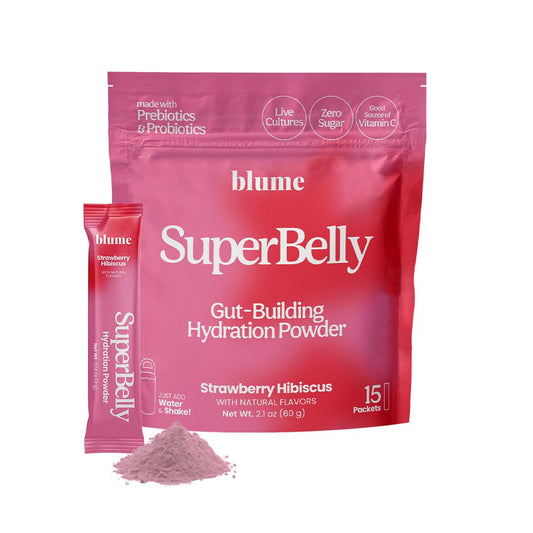 Blume New SuperBelly Gut Health and On-The-Go Hydration Packets, Sugar-Free, with Prebiotics, Probiotics, Apple Cider Vinegar, Vitamin C, and Electrolytes, Strawberry Hibiscus, 15 Sticks