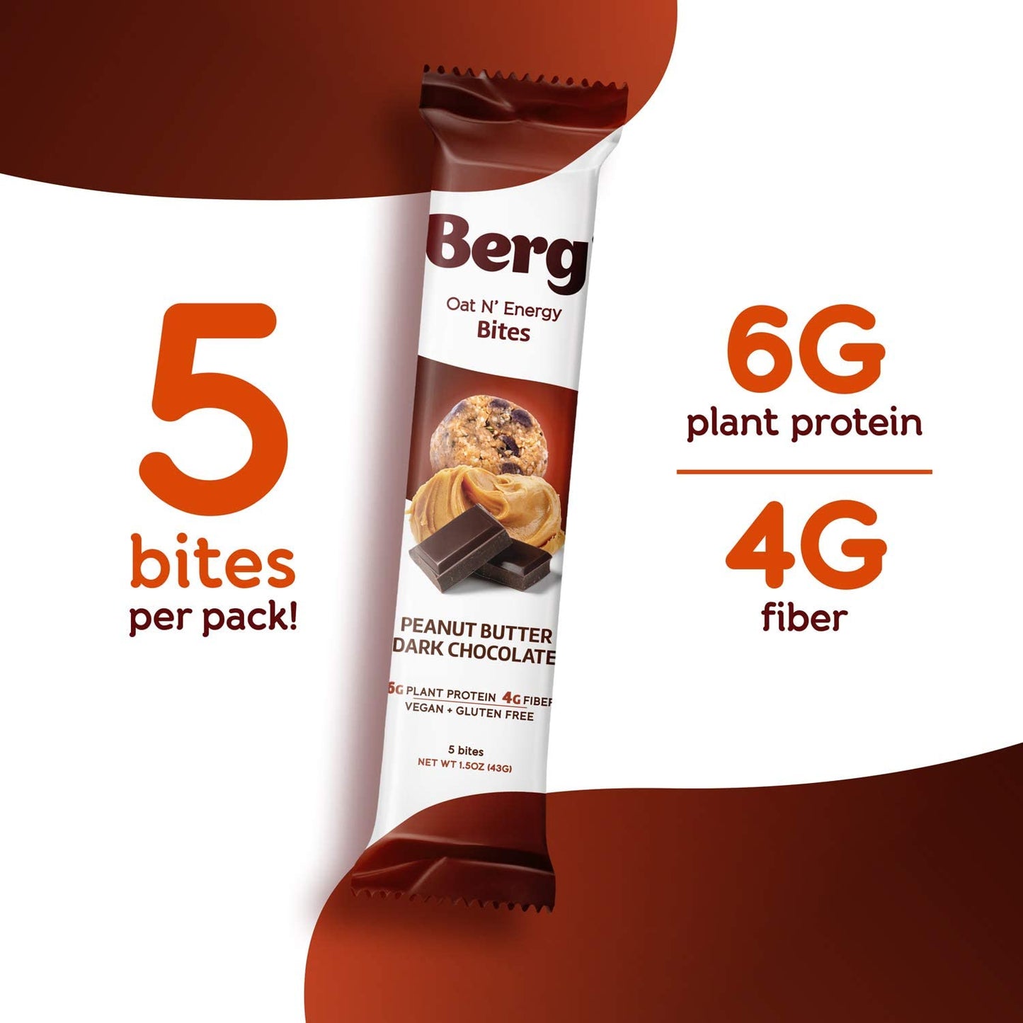 Berg Oat N' Energy Bites - Peanut Butter & Dark Chocolate - Non-GMO, Gluten Free, Dairy Free, Soy Free and Vegan - Clean Energy Snack - 1.5oz, (8 Pack)