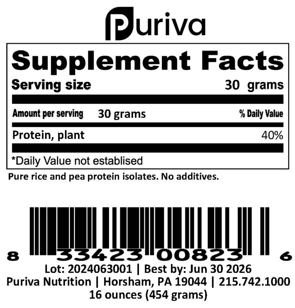 Puriva Nutrition Protein Powder, Plant, Plain, 1 Pound