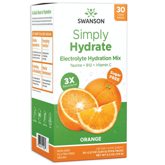 Swanson Simply Hydrate Electrolyte Hydration Mix - Orange - Sugar Free - Non-GMO - Gluten Free - Vegan Free (30 Stick Packs)