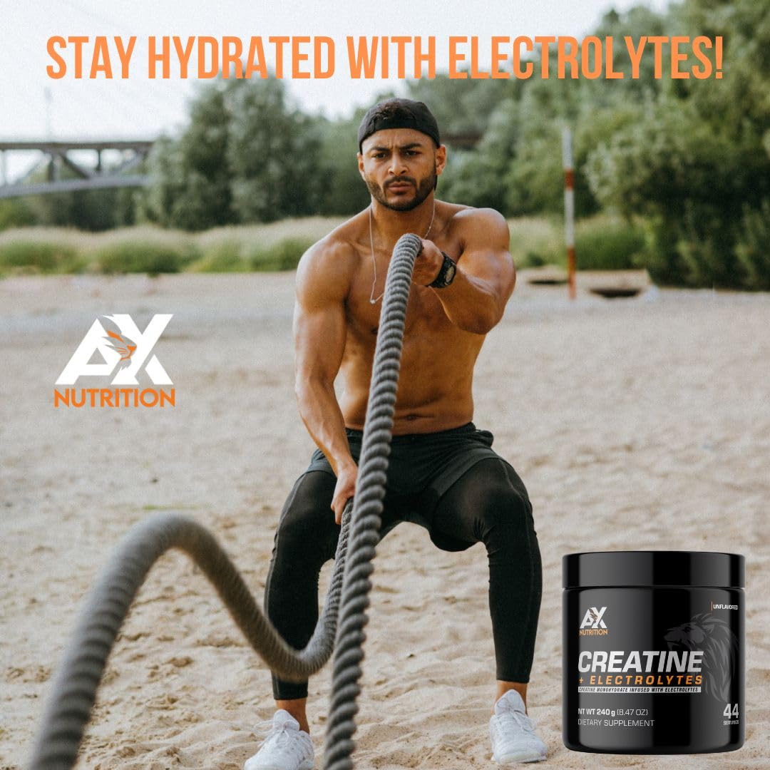 AX Nutrition Creatine + Electrolytes 240g | 100% Pure Creatine Monohydrate Infused with Electrolytes| Support Muscle Growth While Staying Hydrated | 44 Servings