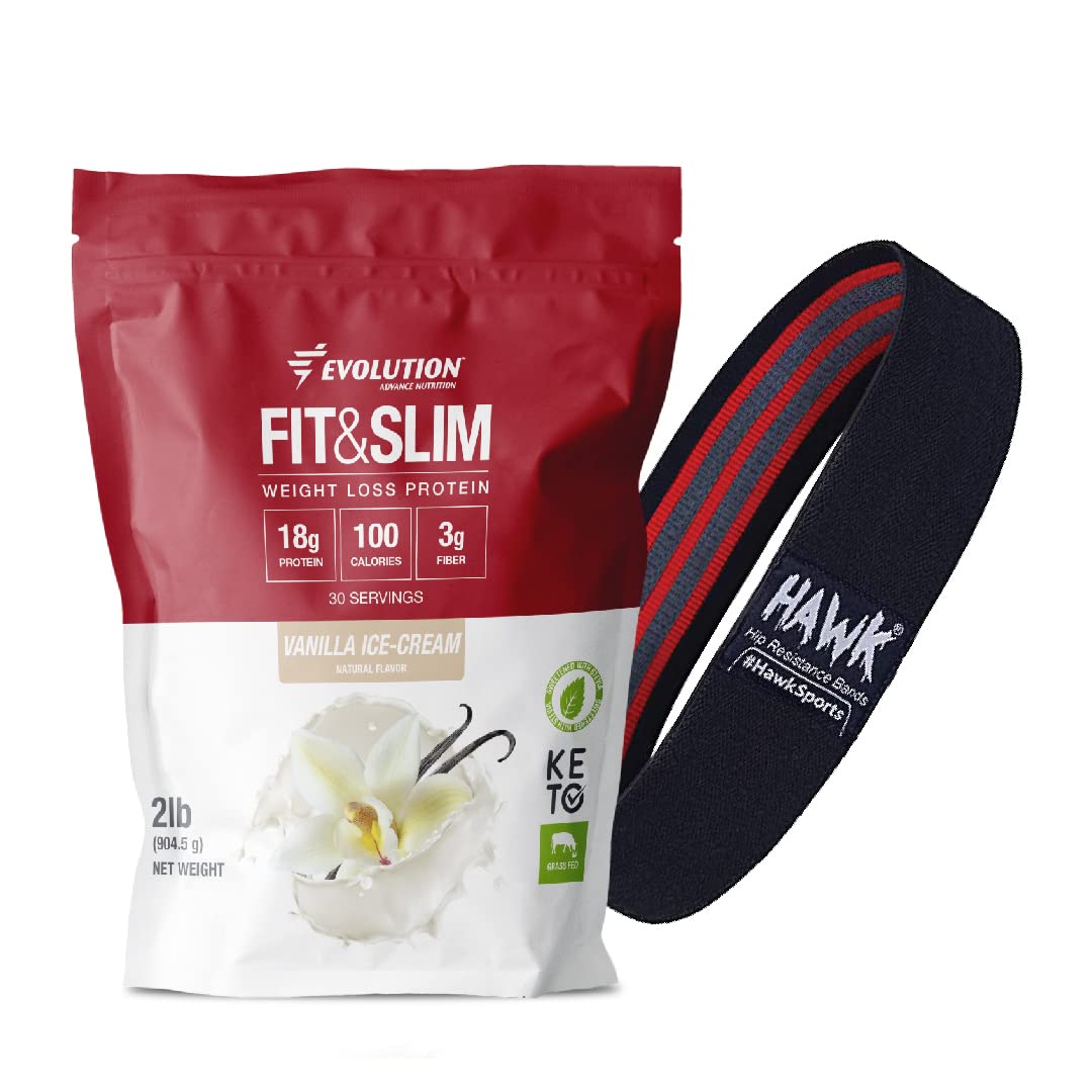 Evolution Advance Nutrition Fit & Slim Blend, 2 Pounds + Resistance Loop Bands for Home Exercise - Grass Fed Whey Protein Powder, Easy Digesting, Keto Approved, Non GMO, Stevia Sweetened (Vanilla)