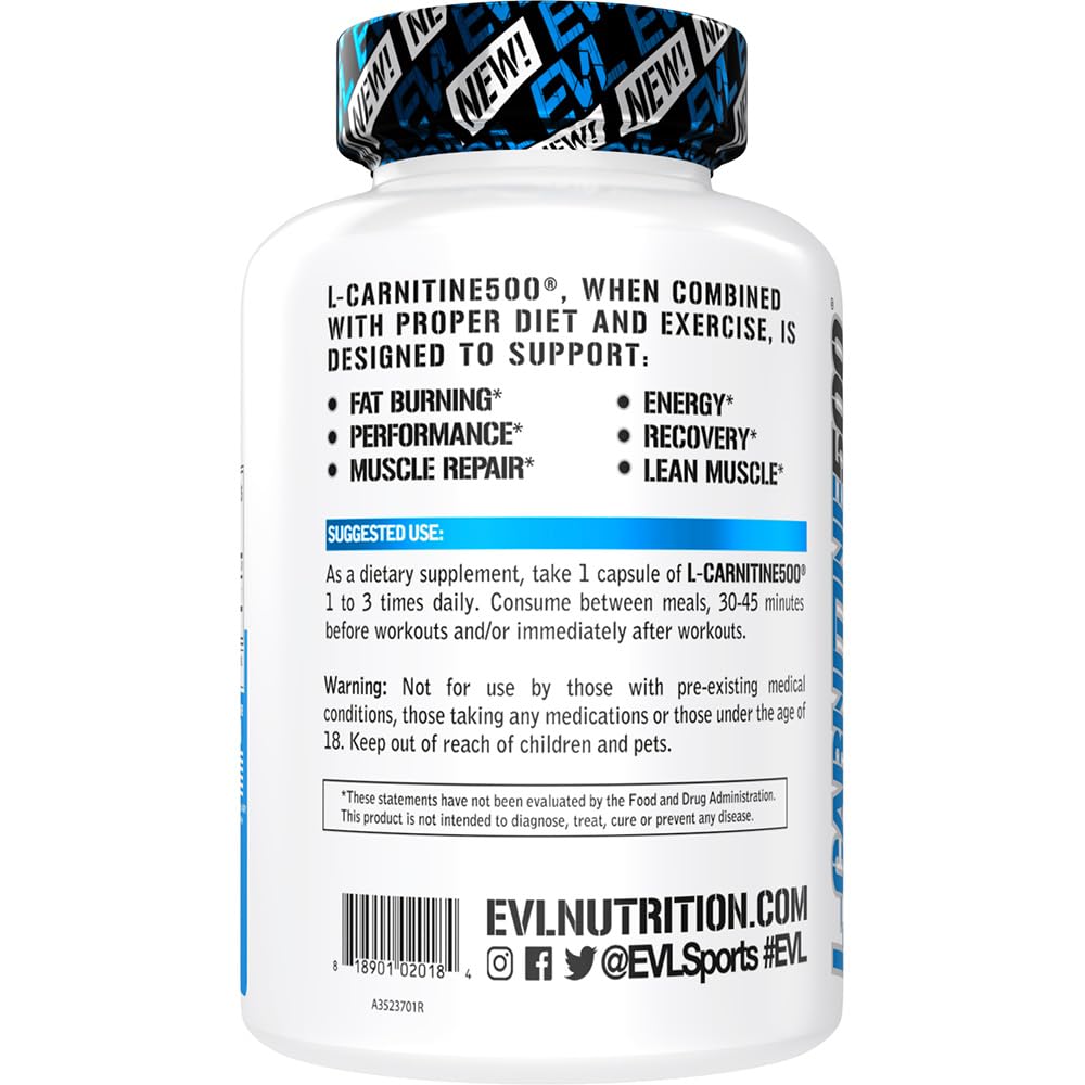 Evlution EVL L-Carnitine Supplement for Weight Loss Support - L carnitine 500mg Diet Pills for Weight Loss Lean Muscle Growth and Fat Burning Support with Stimulant Free L Tartrate - 120 Servings