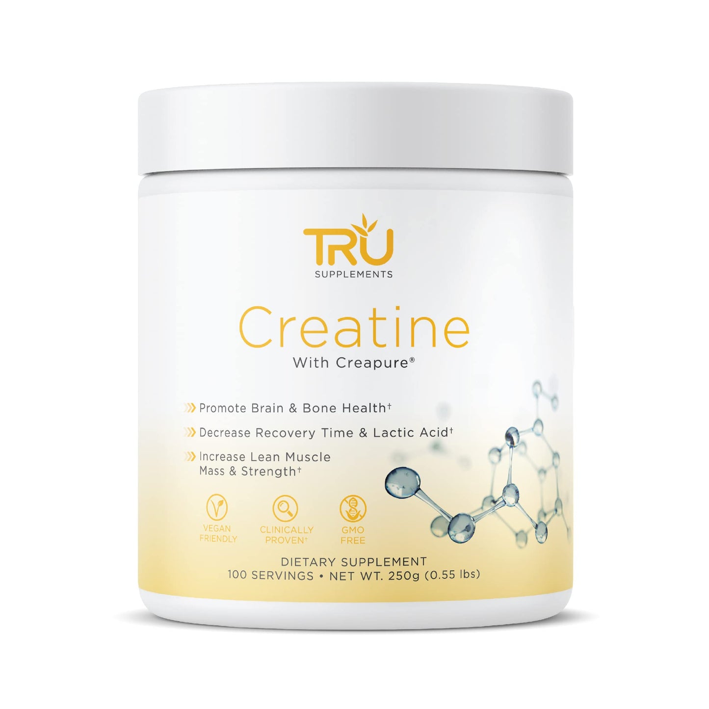 TRU Supplements Creatine | 100% Pure Patented Creapure | Increase Strength & Boost Stamina | Build Lean Muscle with Zero Water Retention or Bloating | Clinically Tested and Safe | 100 Servings