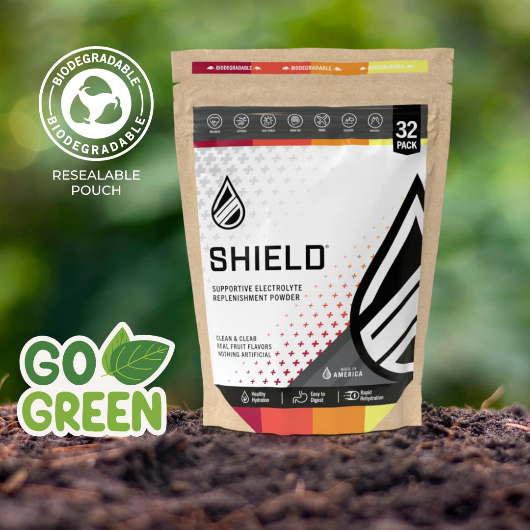 SHIELD 32ct ALL NATURAL Low Cal Electrolyte Healthy Hydration Multiplier Powder Packets, Eco-Friendly Pouch, Water Booster Drink Mix for Rapid Dehydration Relief and prevention, Vegan, Non-GMO