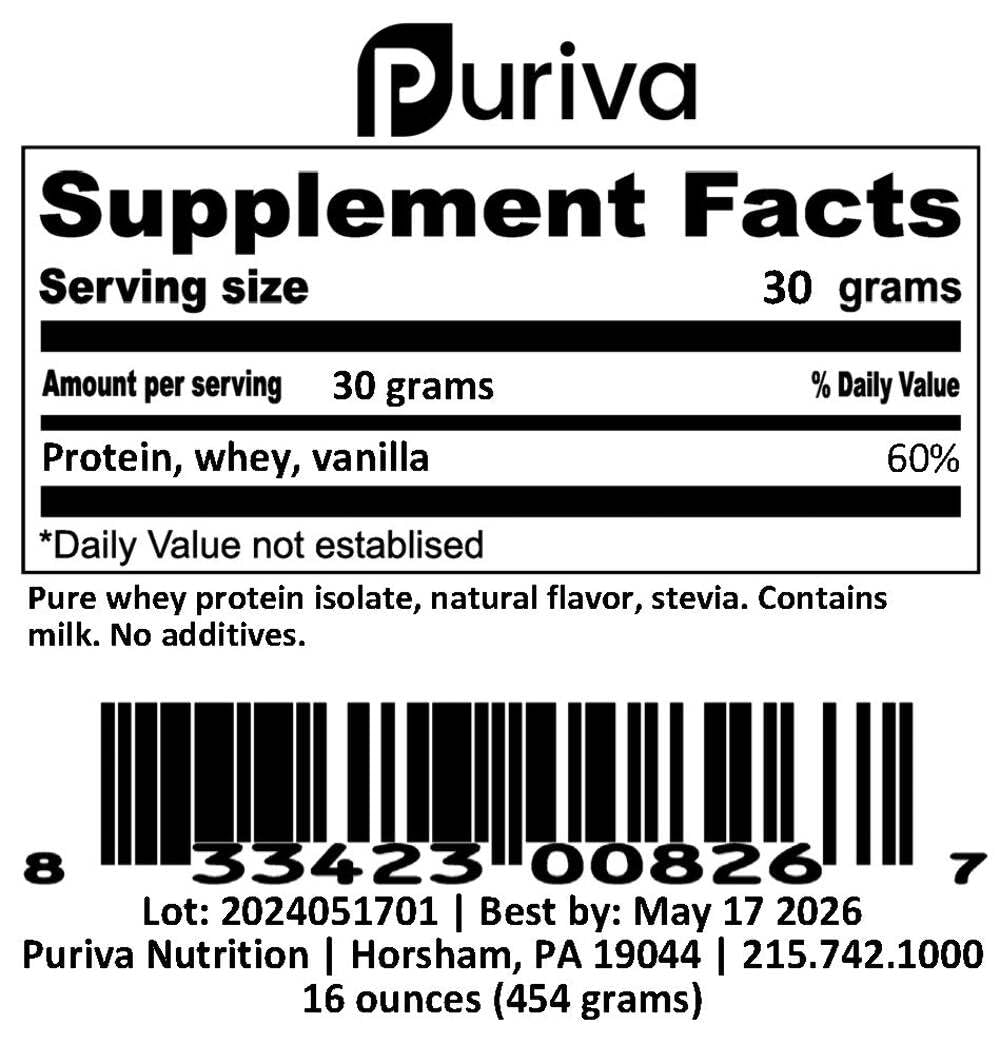 Puriva Nutrition Protein Powder, Whey Protein Isolate, Vanilla, 1 Pound