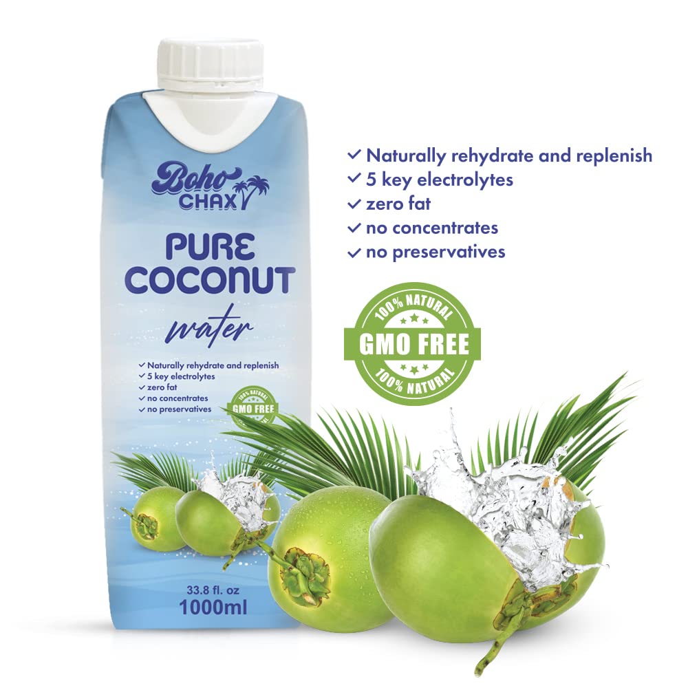 100 Natural Pure Coconut Water Not From Concentrate Drink with No Added Sugar  Replenishes Essential Vitamins and Electrolytes for Superior Hydration  338 Fl Oz Cartons  6Pack by Boho Chax
