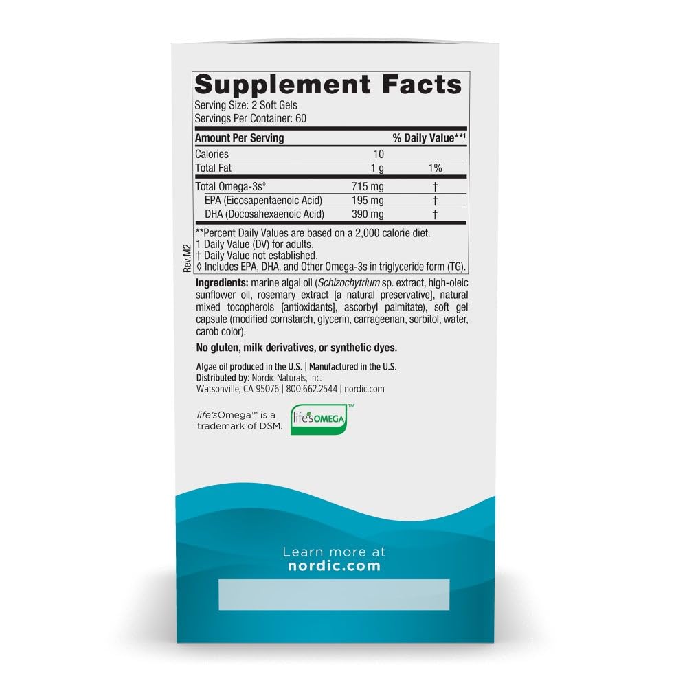 Nordic Naturals Algae Omega - 120 Soft Gels - 715 mg Omega-3 - Certified Vegan Algae Oil - Plant-Based EPA & DHA - Heart, Eye, Immune & Brain Health - Non-GMO - 60 Servings