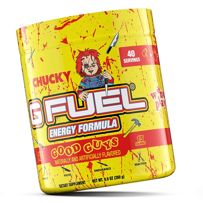 G Fuel Chucky Good Guys Energy Drink Powder, Pre Workout Caffeine Mix for Gaming, Sugar Free Focus Amino, Vitamin + Antioxidants, 9.9oz (Tropical Blood Orange, 40 Servings)