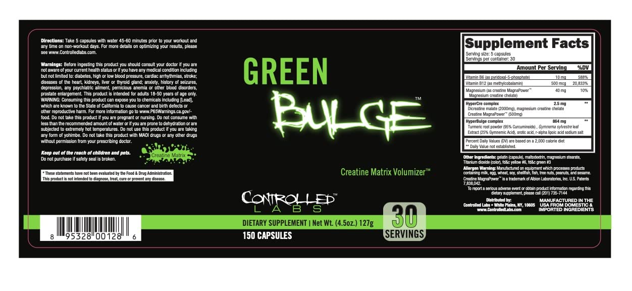 CONTROLLED LABS Green Bulge Supplement, 30 Serv Advanced Creatine Matrix Volumizer, Improve Strength, Stamina, Performance, & Muscle Recovery, Caffeine & Stimulant Free