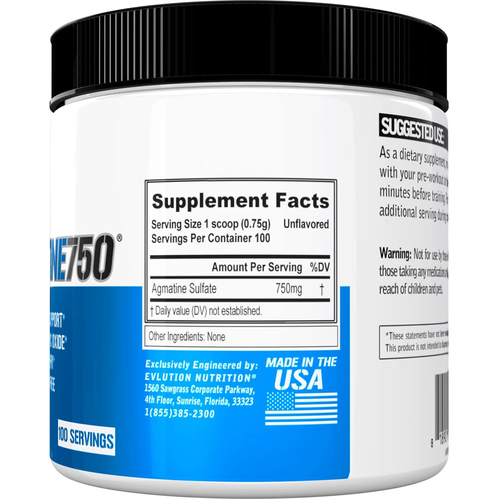 Evlution Agmatine Sulfate Nitric Oxide Powder Nutrition High Strength Agmatine Sulfate Powder Nitric Oxide Supplement for High Intensity Pumps Muscle Growth Recovery and Performance - Unflavored
