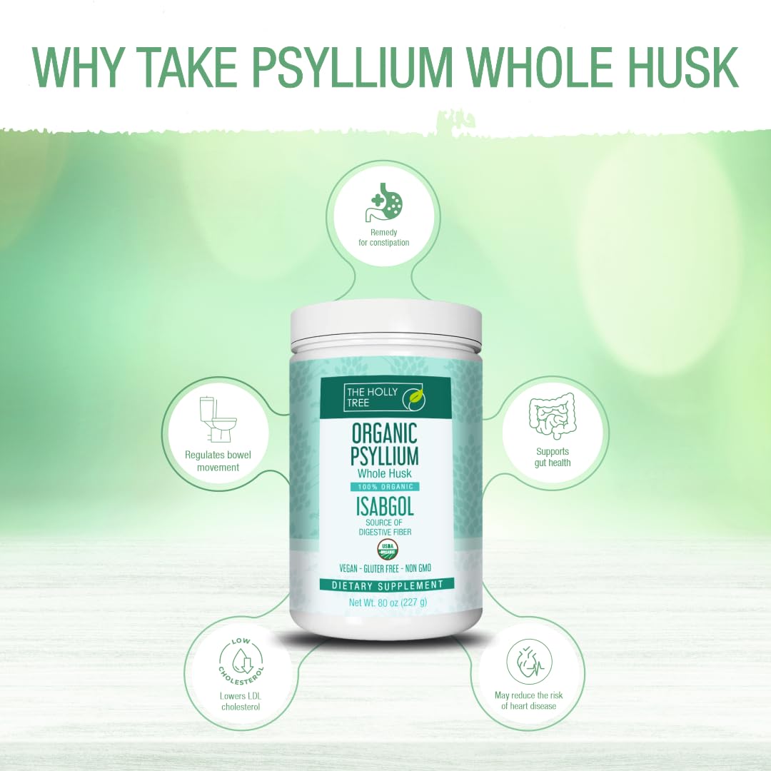 THE HOLLY TREE Organic Whole Psyllium Husk - 8 oz - Psyllium Husk Fiber for Digestive Health & Regularity - Vegan - Gluten-Free - Non-GMO - USDA Organic - Kosher - Whole Psyllium Husk Supplement