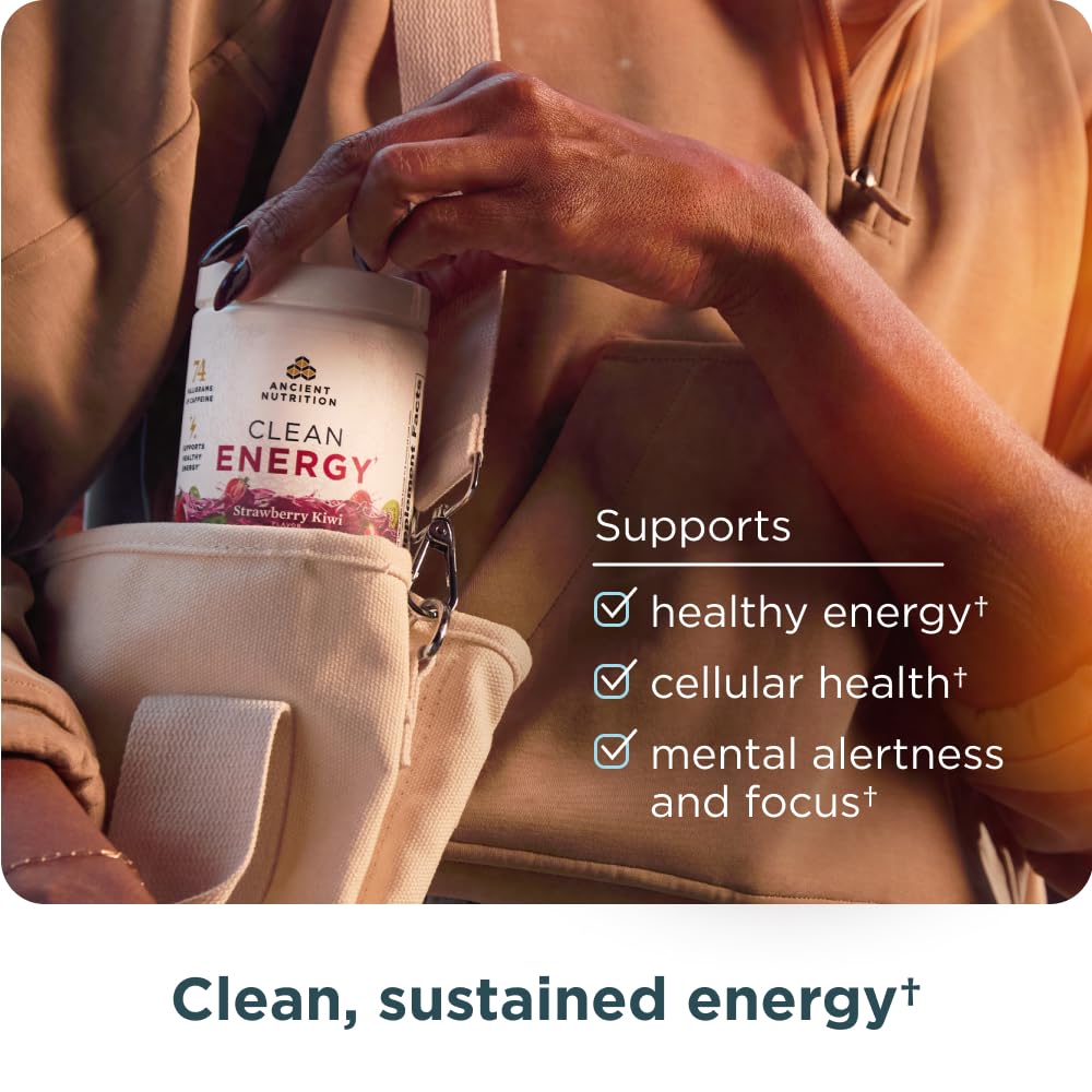 Ancient Nutrition Clean Energy Powder, Strawberry Kiwi, Supports Healthy Energy and Cognitive Health, Promotes Mental Alertness and Focus, 30 Servings