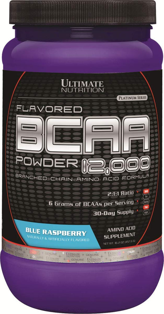 Ultimate Nutrition Flavored BCAA Powder 12000 Branched Chain Post Workout Amino Acid Supplement-Caffeine-Free with 3g Leucine 1.5g Valine 1.5g Isoleucine- Blue Raspberry, 60 Servings