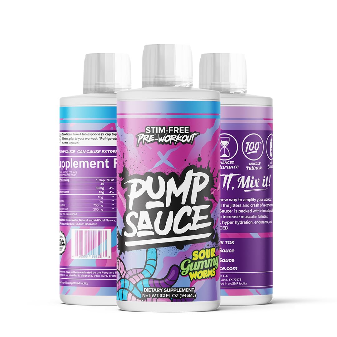 Pump Sauce Pre-Workout - 32 oz, Sour Gummy Worms, No Caffeine, Full Spectrum Liquid, Gluten Free, Vegan, Zero Sugar