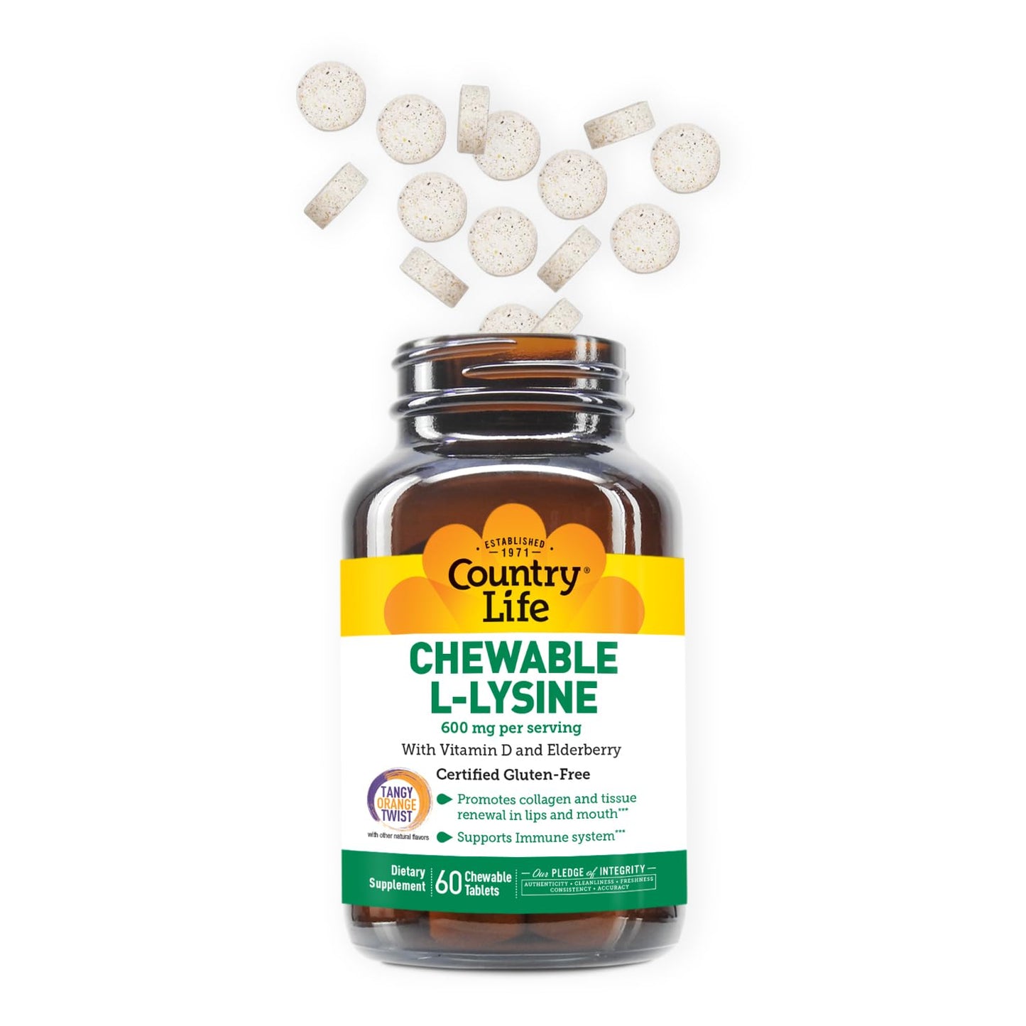 Country Life Chewable L-Lysine Supplement with Vitamin D and Elderberry, Immune Support and Collagen Renewal for Skin Tissue, Ideal for Adults
