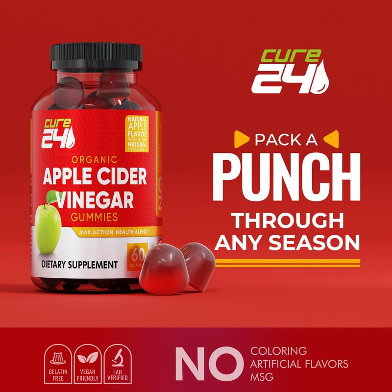 Cure24 Organic Apple Cider Vinegar Gummies, Vegan & Non-GMO, Gluten Free, Gelatin Free, ACV Supplement Gummies for Adults, 60 Count, Made in USA, (60 Gummies)