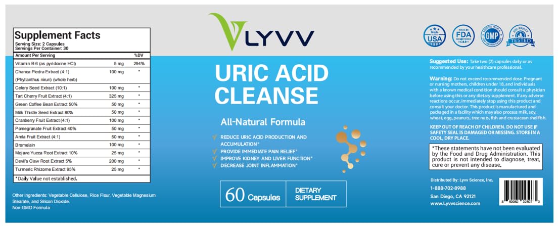 LYVV Uric Acid Cleanse with Chanca Piedra, Celery Seed Extract, Tart Cherry, and More for Uric Acid Regulating, Inflammation and Swelling Regulating.