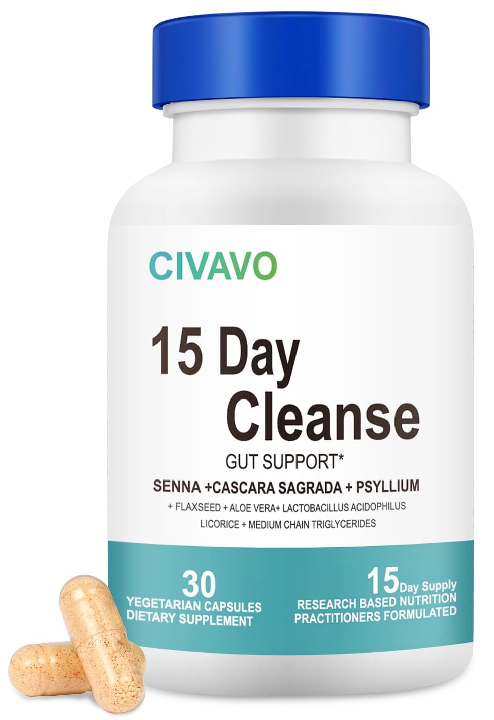 15 Day Gut Cleanse for Women & Men- Gut and Colon Support- Probiotics& Psyllium Husk Cleanse Bowel Dissolving Capsules, Dietary Supplement (30 Capsules)