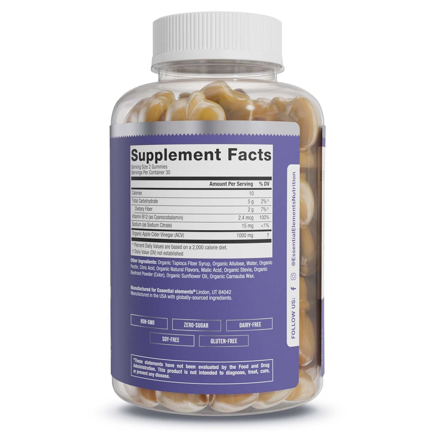 Essential Elements Zero-Sugar ACV Apple Cider Vinegar Gummies from “The Mother” - Naturally-Sourced, Vegan ACV Gummies with Folic Acid and Vitamin B12 60 Count