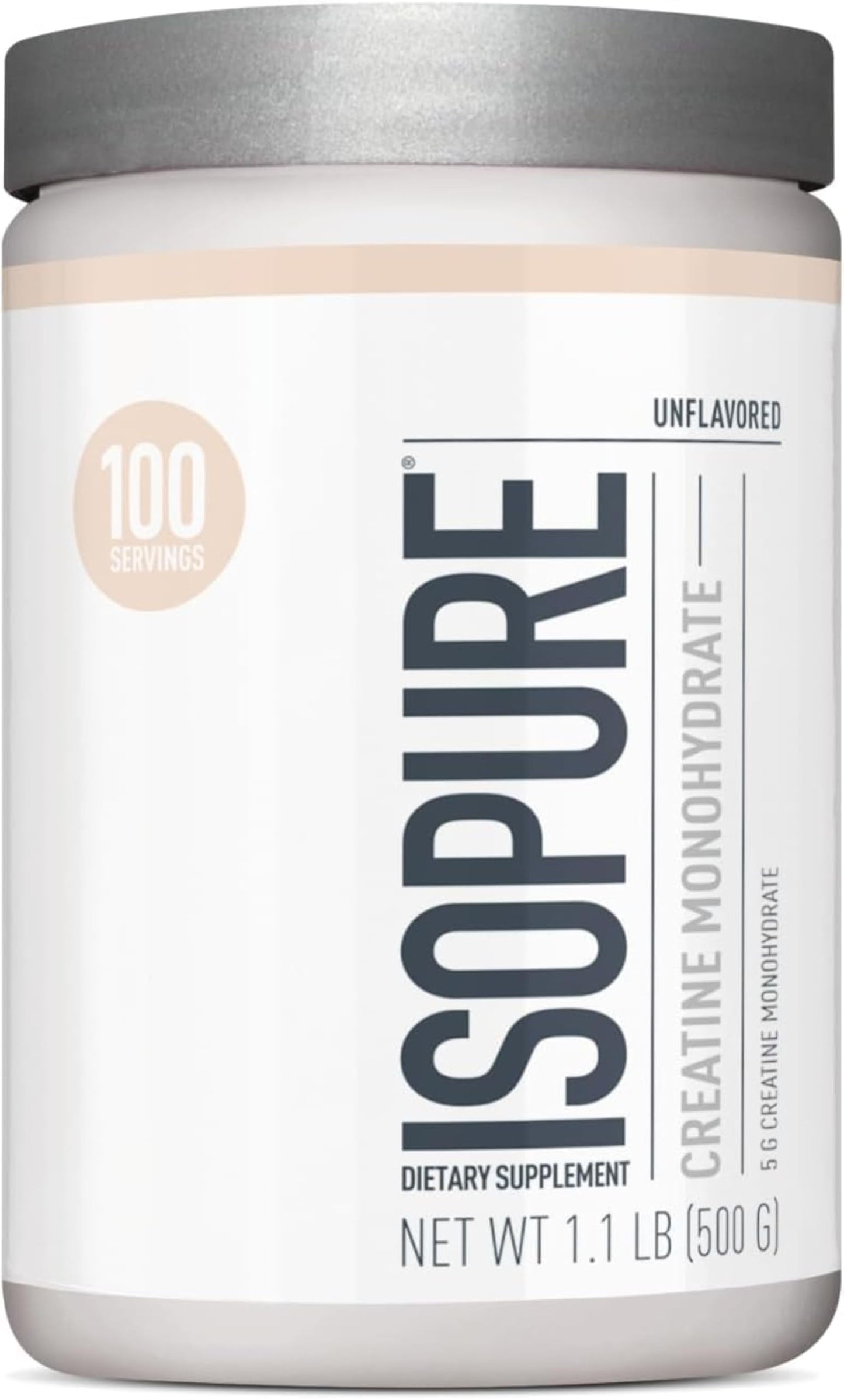 Isopure 100% Pure Creatine Monohydrate Powder, Sugar Free, Unflavored, 5g Creatine Monohydrate Per Serving, 1.1 Lbs, 100 Servings