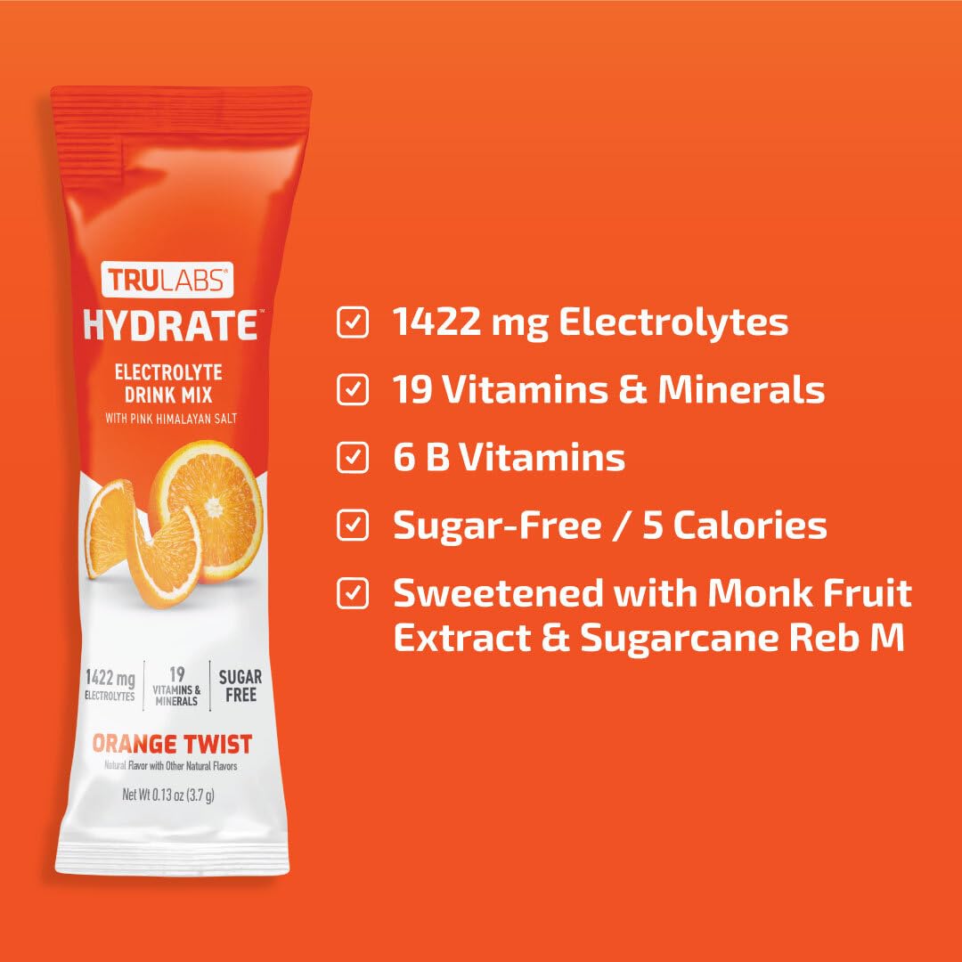 TRULABS Hydrate Orange Twist 6ct. Sugar Free Electrolytes Hydration Packets. Each Serving Contains 1422 mg of Electrolytes &19 Vitamins & Minerals.