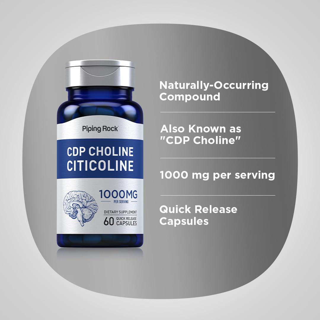 Piping Rock CDP Choline Citicoline 1000mg | 60 Quick Release Capsules | for Men and Women | Non-GMO, Gluten Free Dietary Supplement